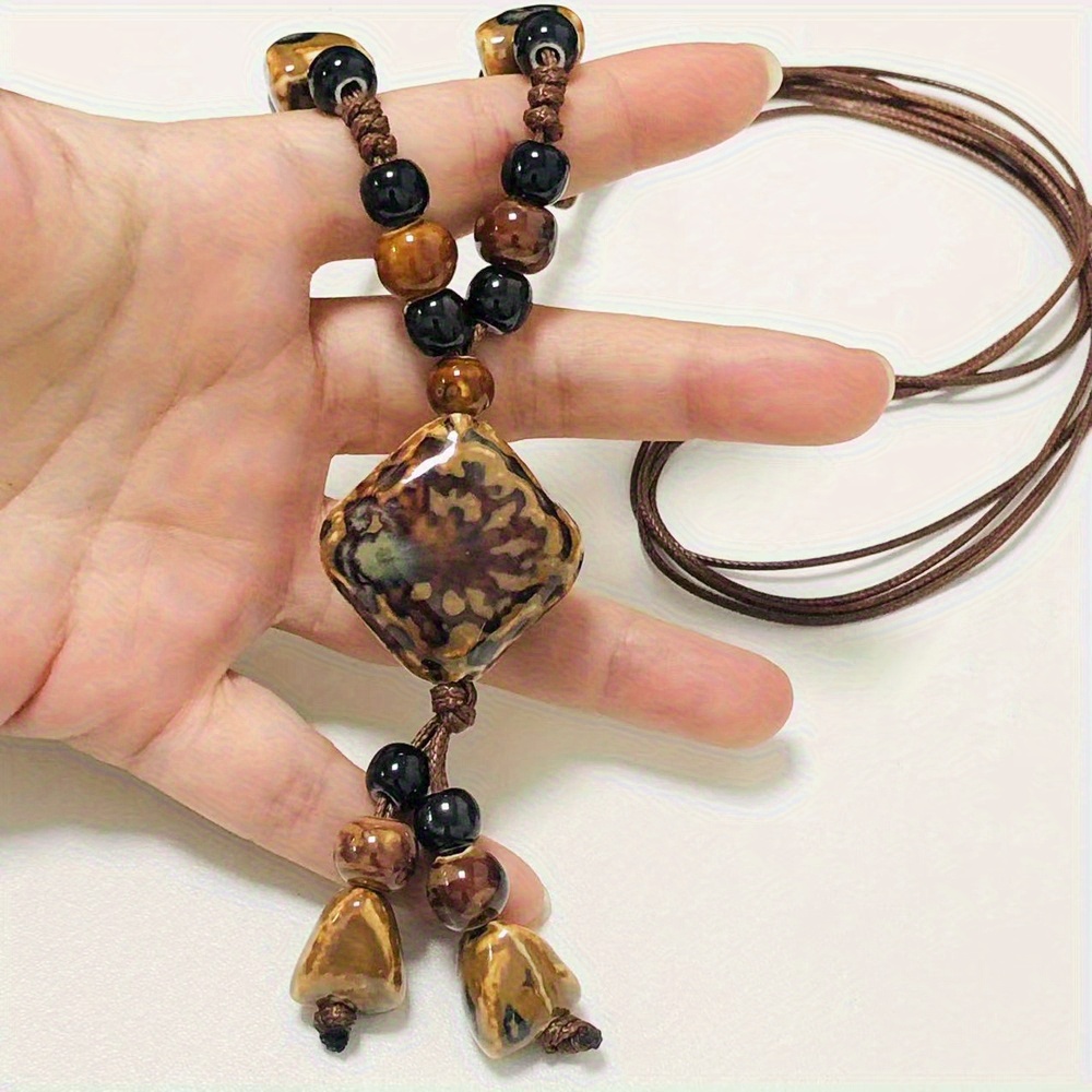 Tribal Long Necklace with Square Ceramic Beads on Synthetic Rope